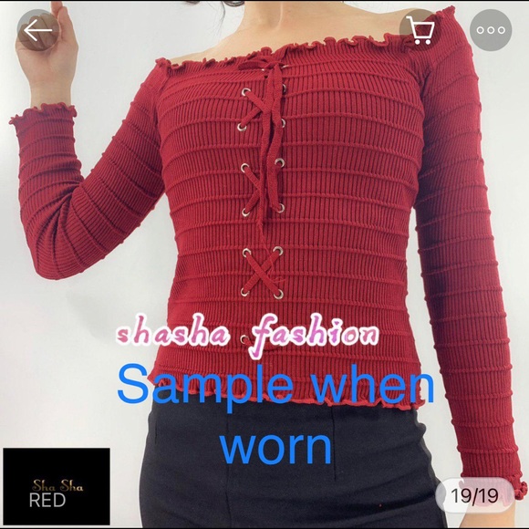 Knitted off shoulder long sleeve tops - Picture 2 of 3